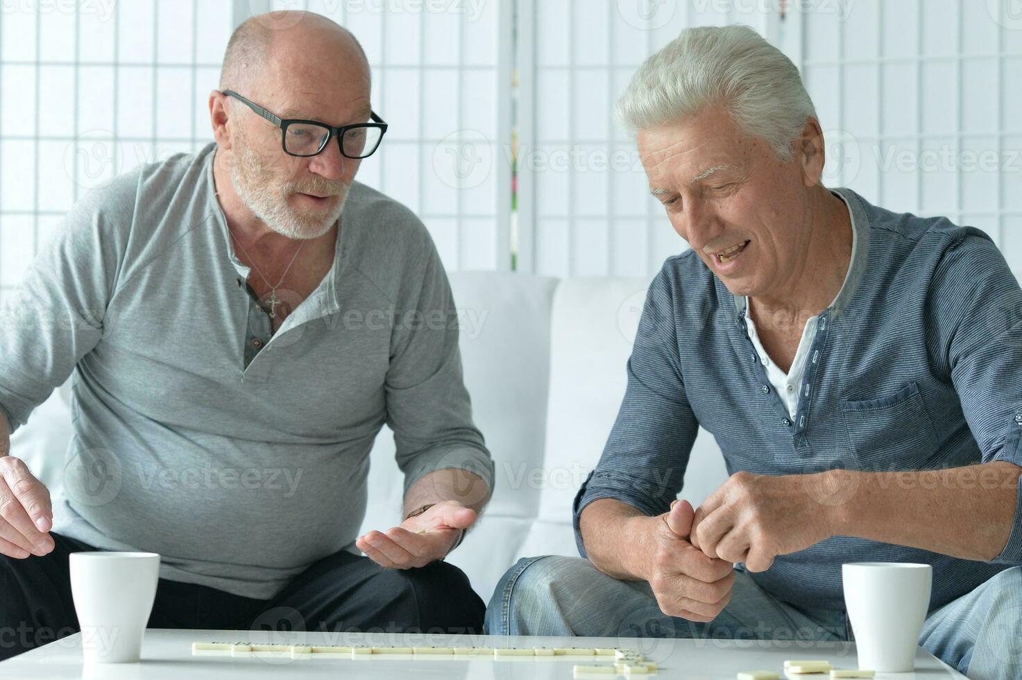 Two old men sitting at table and playing domino photo