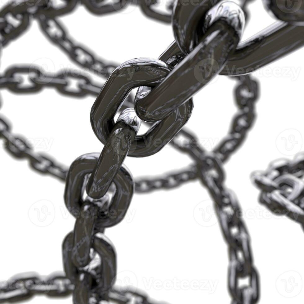 Intertwined 3d chrome metal chains swirling in the air render photo