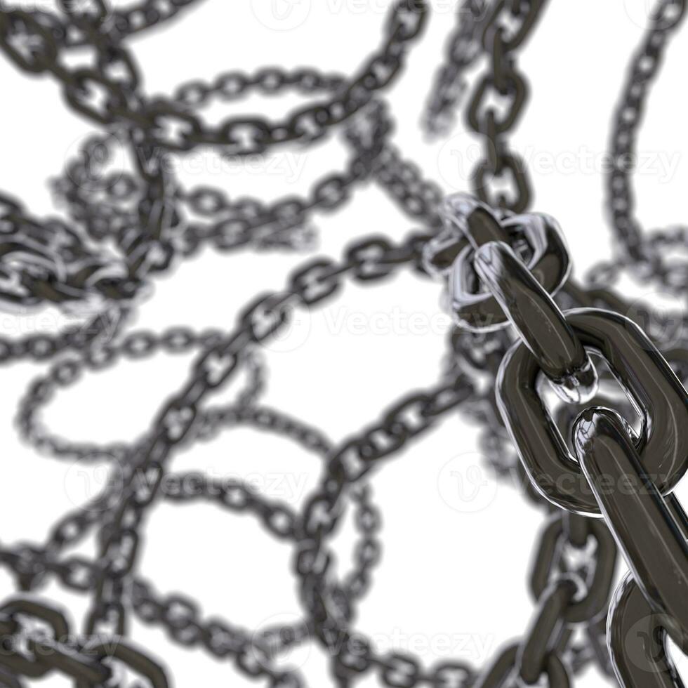 Intertwined 3d chrome metal chains swirling in the air render photo