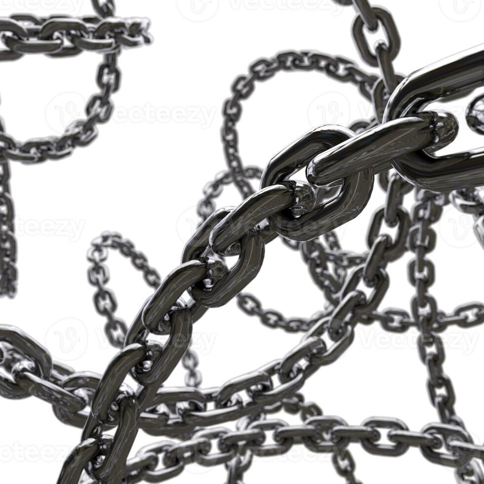 Intertwined 3d chrome metal chains swirling in the air render photo