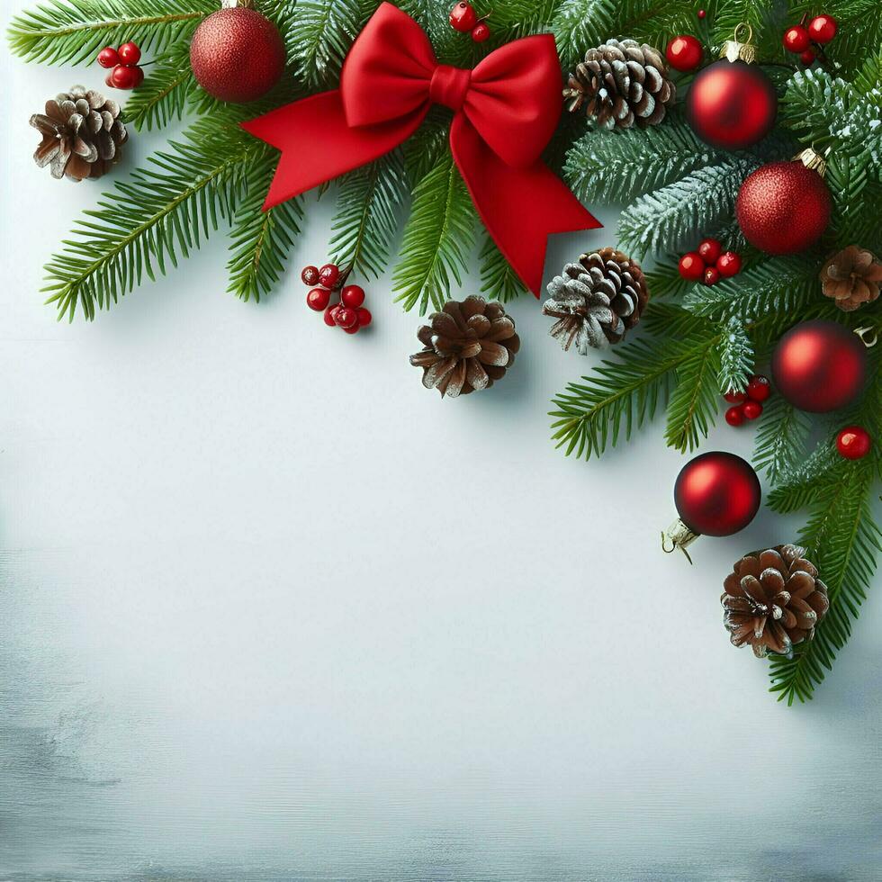 AI generated christmas background with fir branches, red bows and pine cones photo