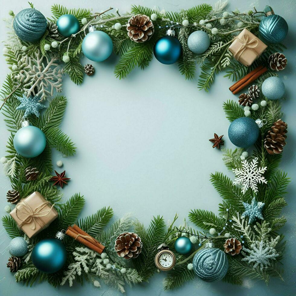 ai generado Navidad marco con abeto sucursales, azul pelotas y decoraciones en un azul antecedentes foto
