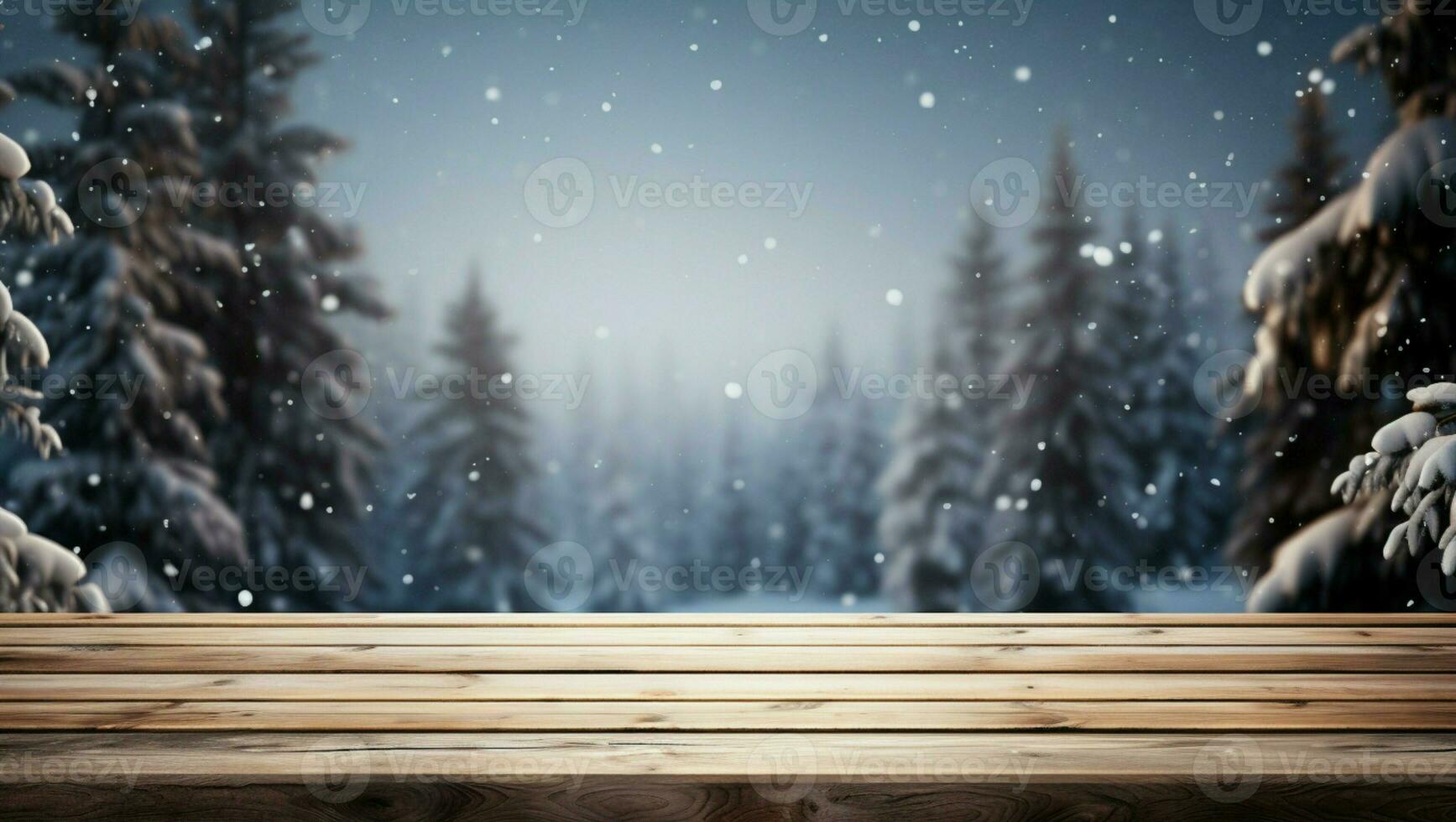 AI generated Empty Winter wood plank board Table With Snowfall AI Generated photo