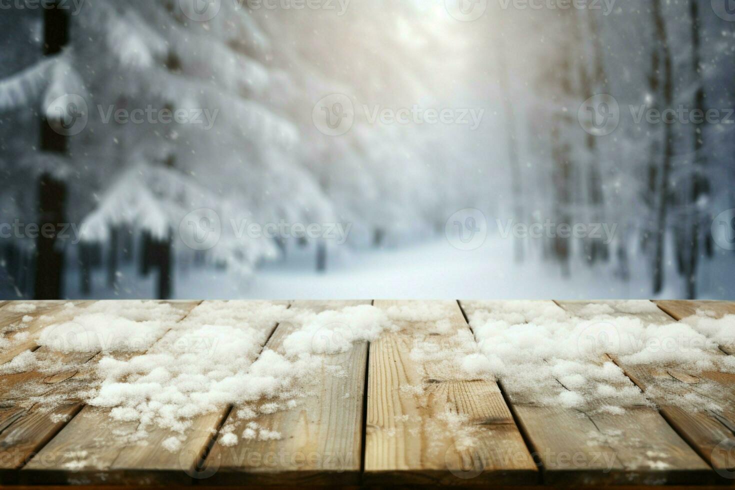 AI generated Empty Winter wood plank board Table With Snowfall AI Generated photo