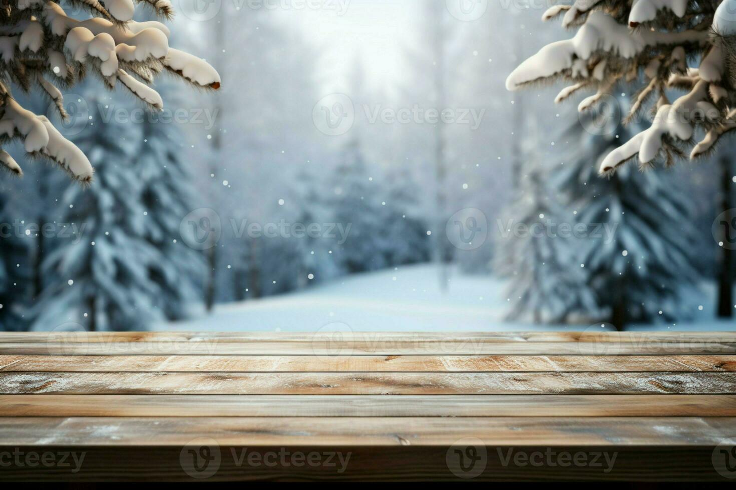AI generated Empty Winter wood plank board Table With Snowfall AI Generated photo