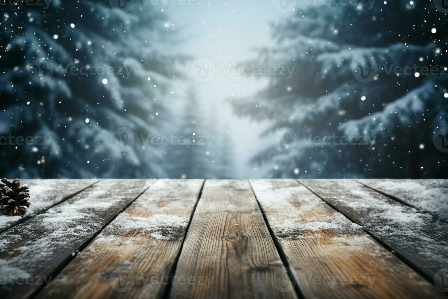 AI generated Empty Winter wood plank board Table With Snowfall AI Generated photo
