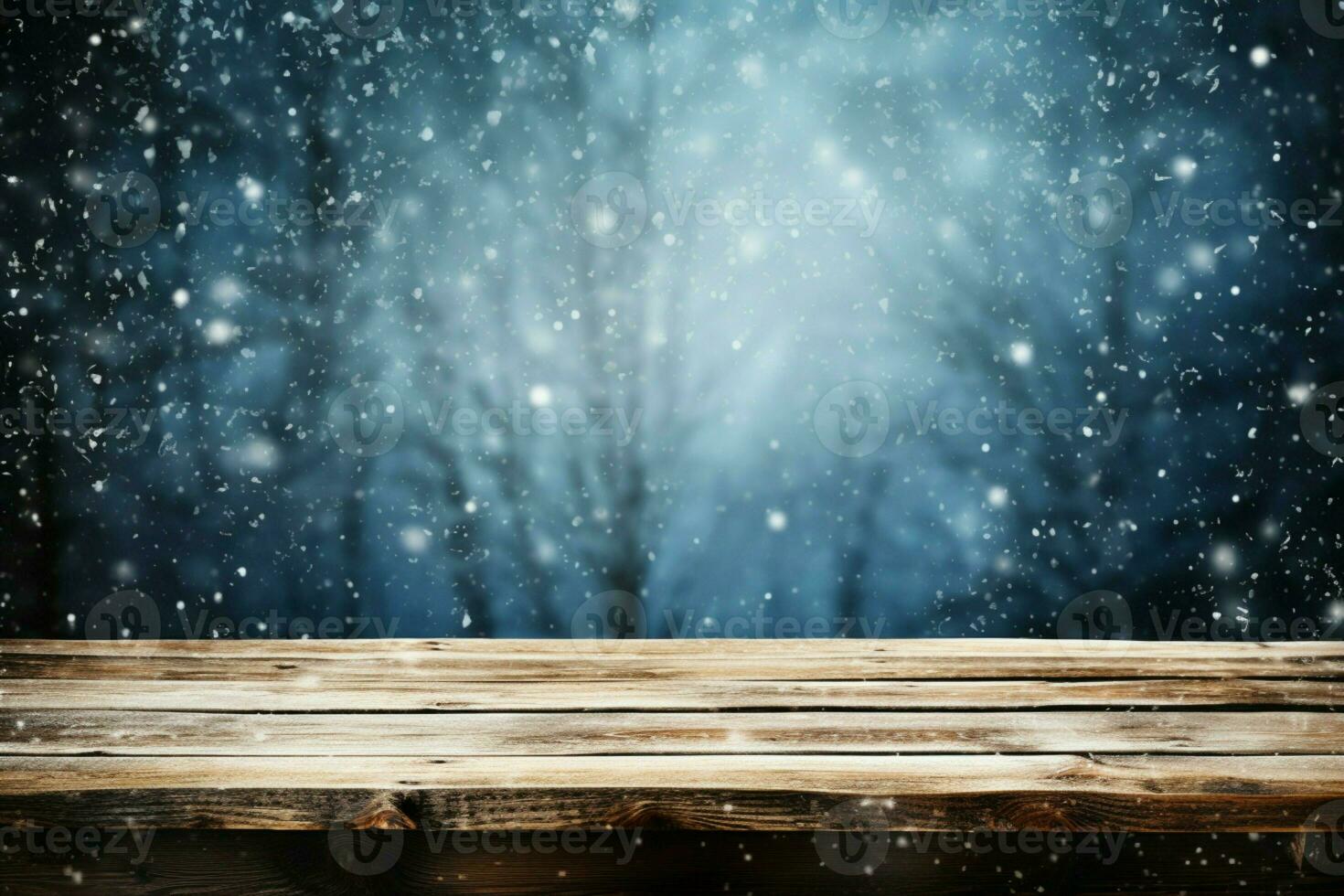 AI generated Empty Winter wood plank board Table With Snowfall AI Generated photo