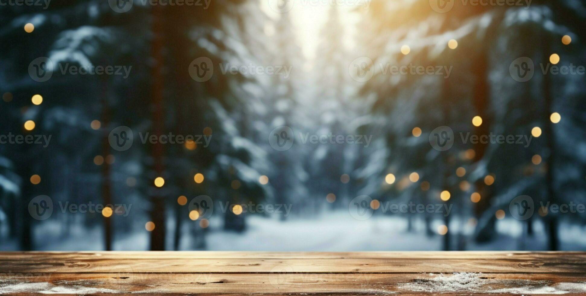 AI generated Empty Winter wood plank board Table With Snowfall AI Generated photo
