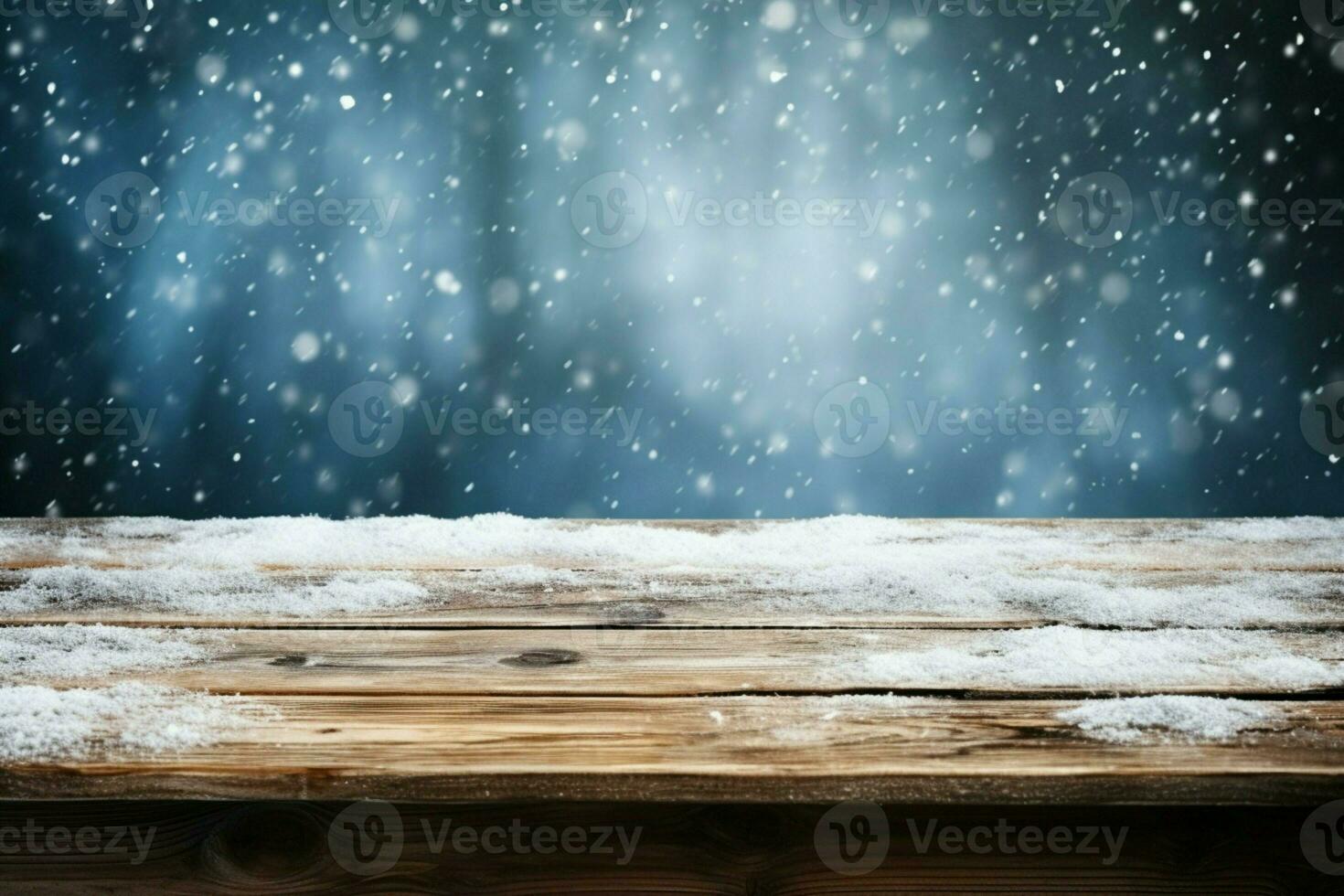AI generated Empty Winter wood plank board Table With Snowfall AI Generated photo