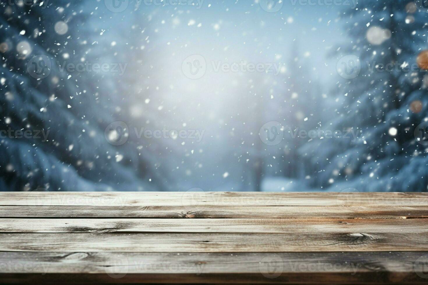 AI generated Empty Winter wood plank board Table With Snowfall AI Generated photo