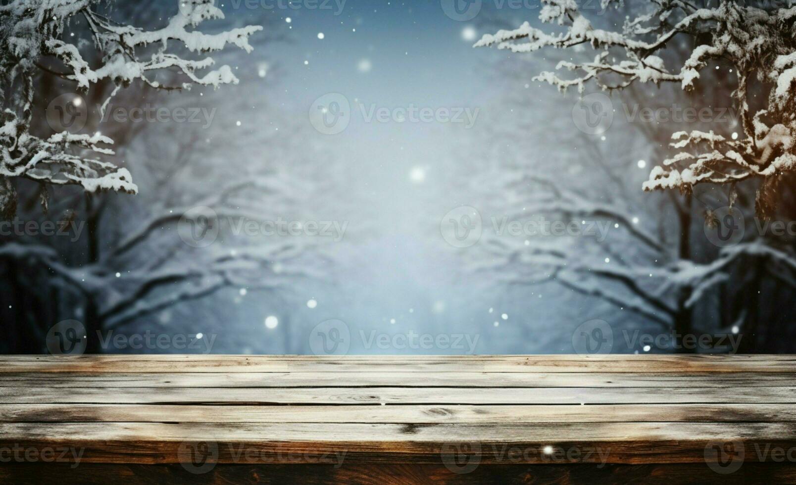 AI generated Empty Winter wood plank board Table With Snowfall AI Generated photo