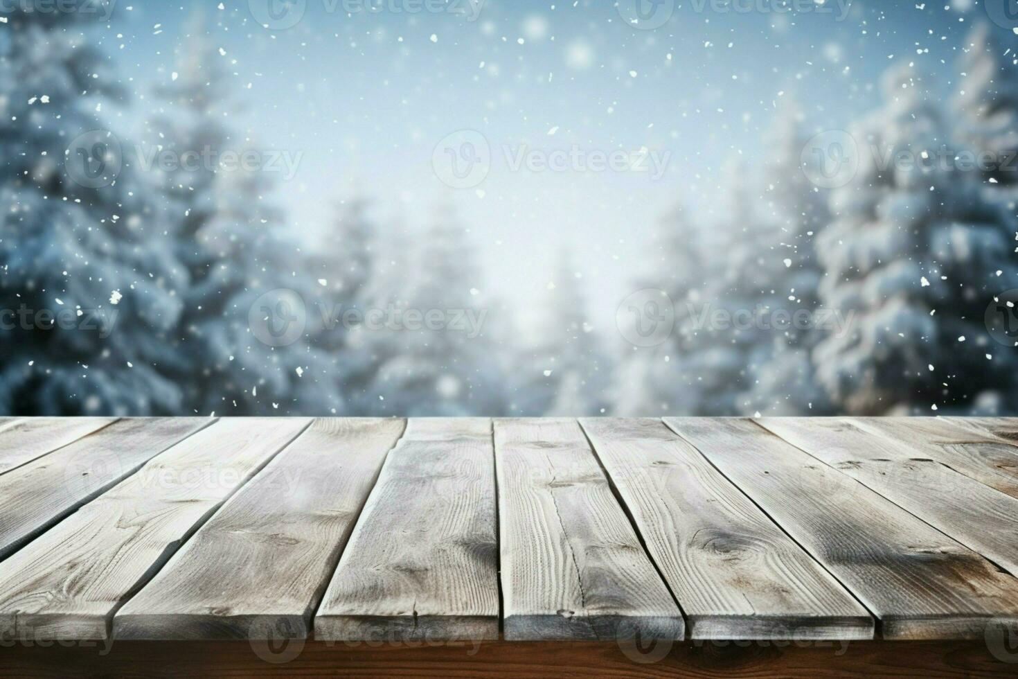 AI generated Empty Winter wood plank board Table With Snowfall AI Generated photo