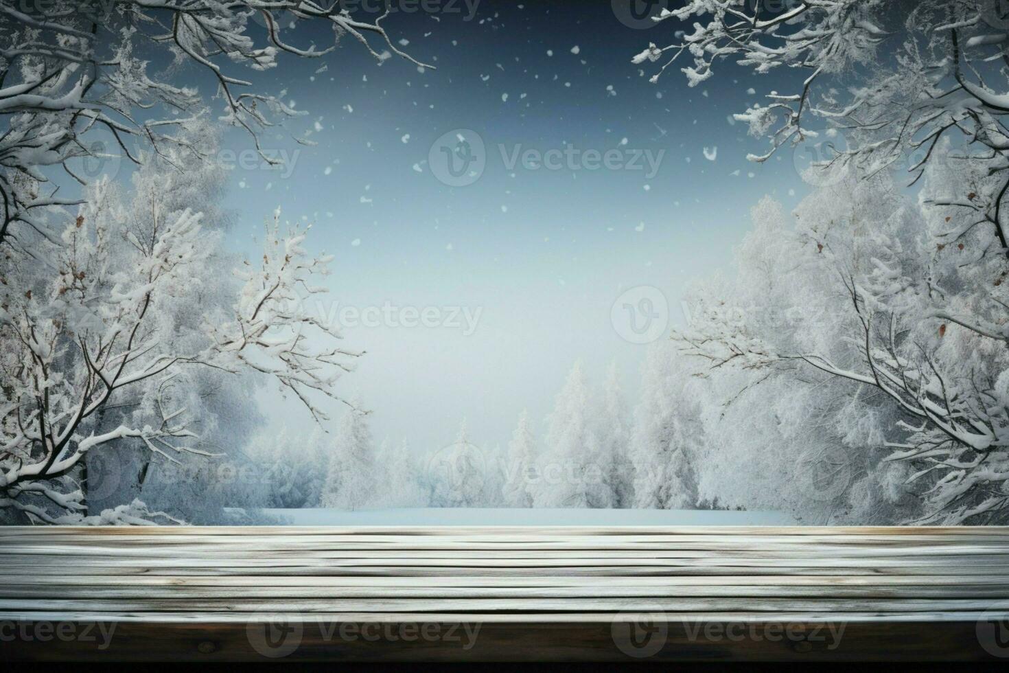 AI generated Empty Winter wood plank board Table With Snowfall AI Generated photo