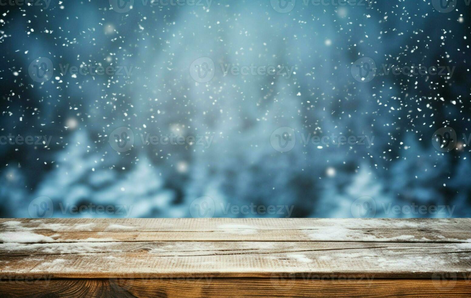 AI generated Empty Winter wood plank board Table With Snowfall AI Generated photo
