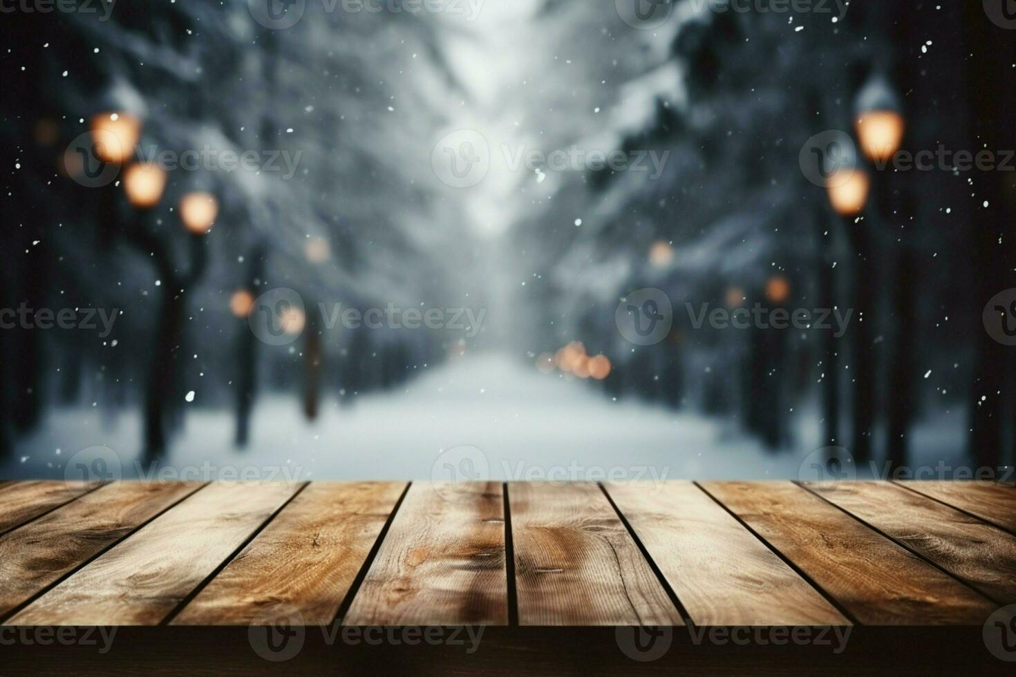 AI generated Empty Winter wood plank board Table With Snowfall AI Generated photo