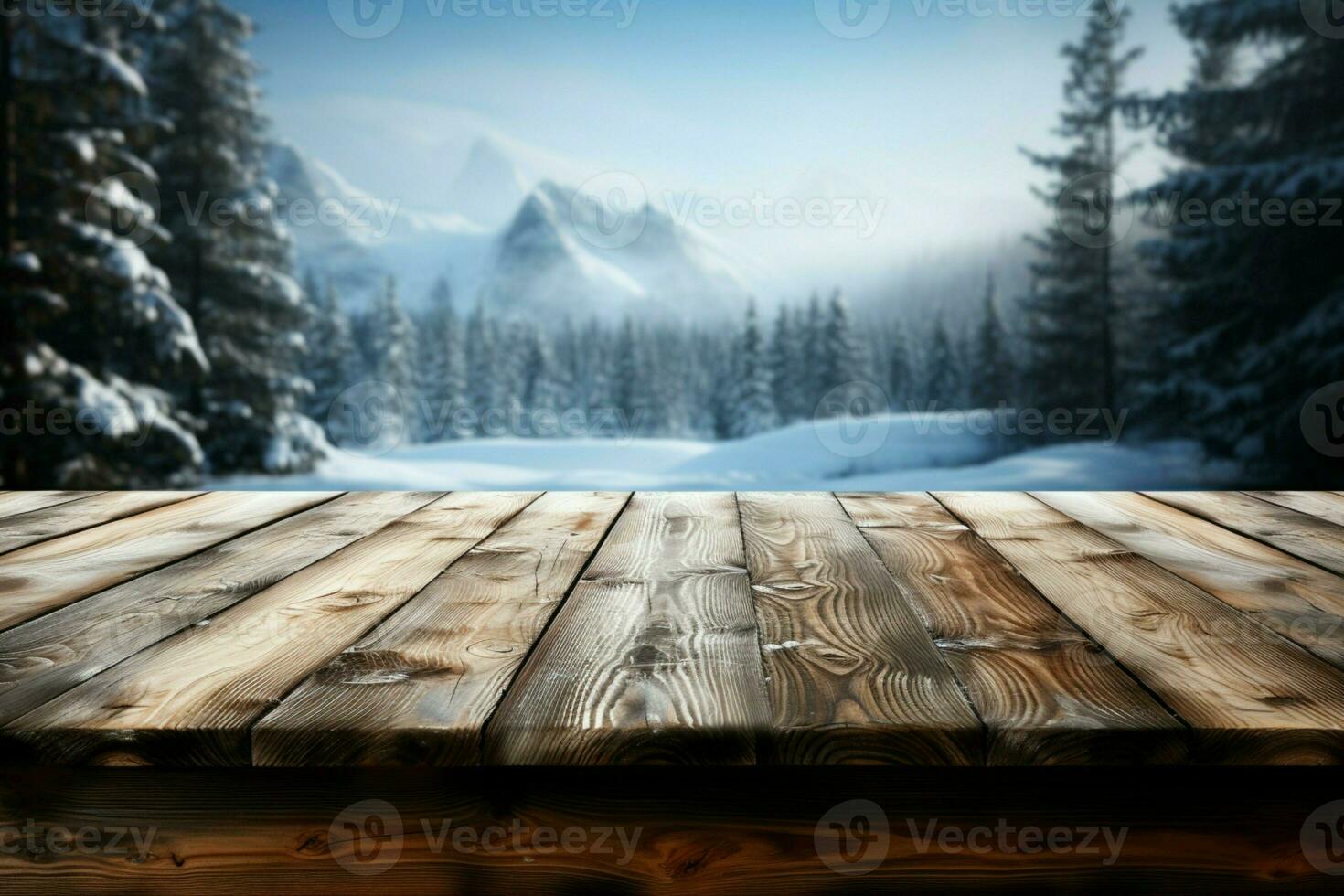 AI generated Empty Winter wood plank board Table With Snowfall AI Generated photo