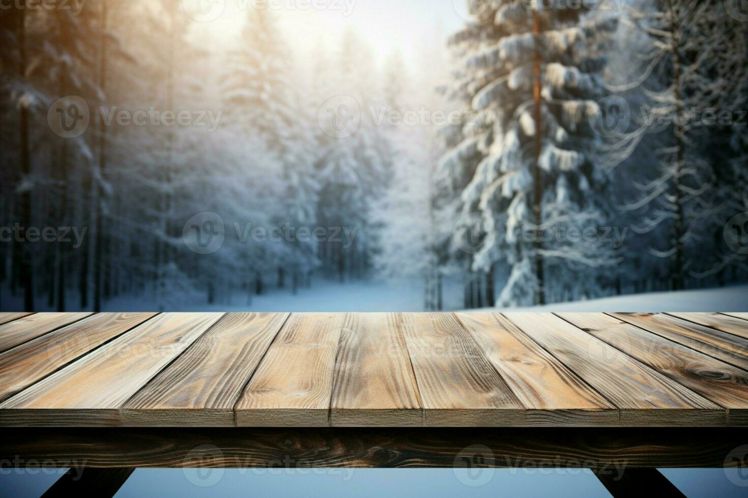 AI generated Empty Winter wood plank board Table With Snowfall AI Generated photo