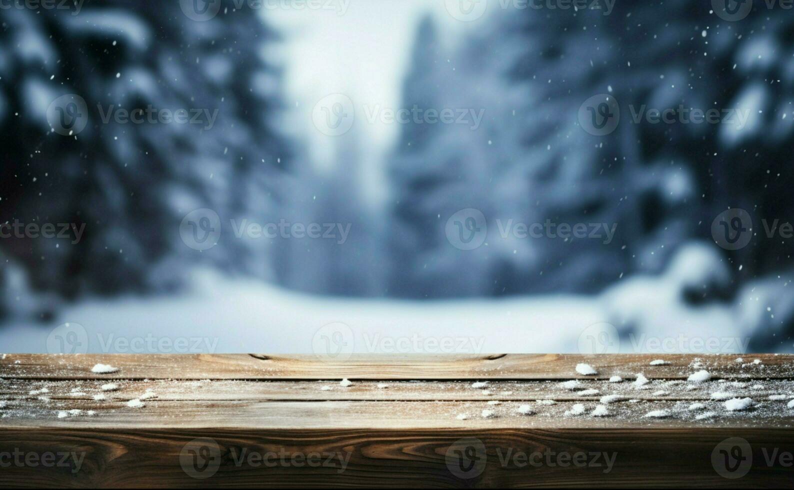 AI generated Empty Winter wood plank board Table With Snowfall AI Generated photo