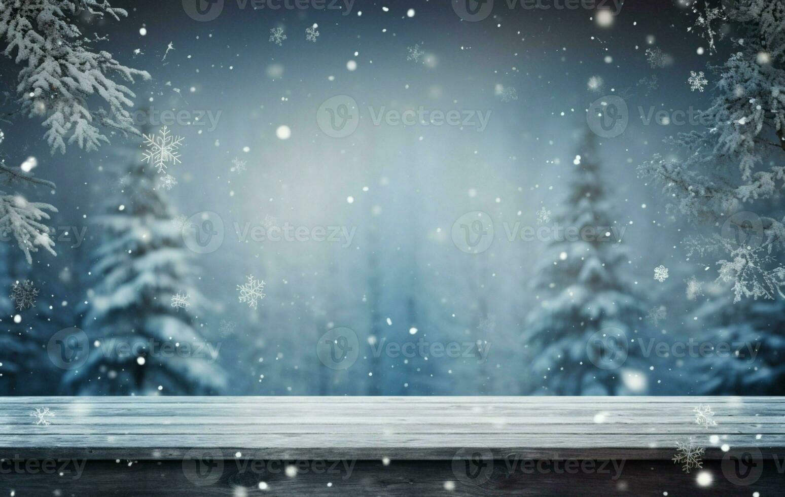 AI generated Empty Winter wood plank board Table With Snowfall AI Generated photo