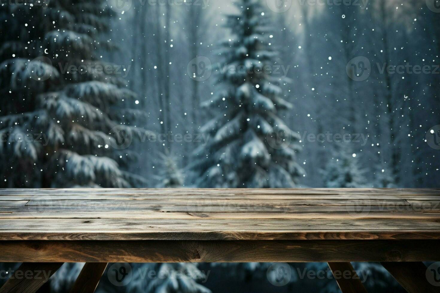 AI generated Empty Winter wood plank board Table With Snowfall AI Generated photo
