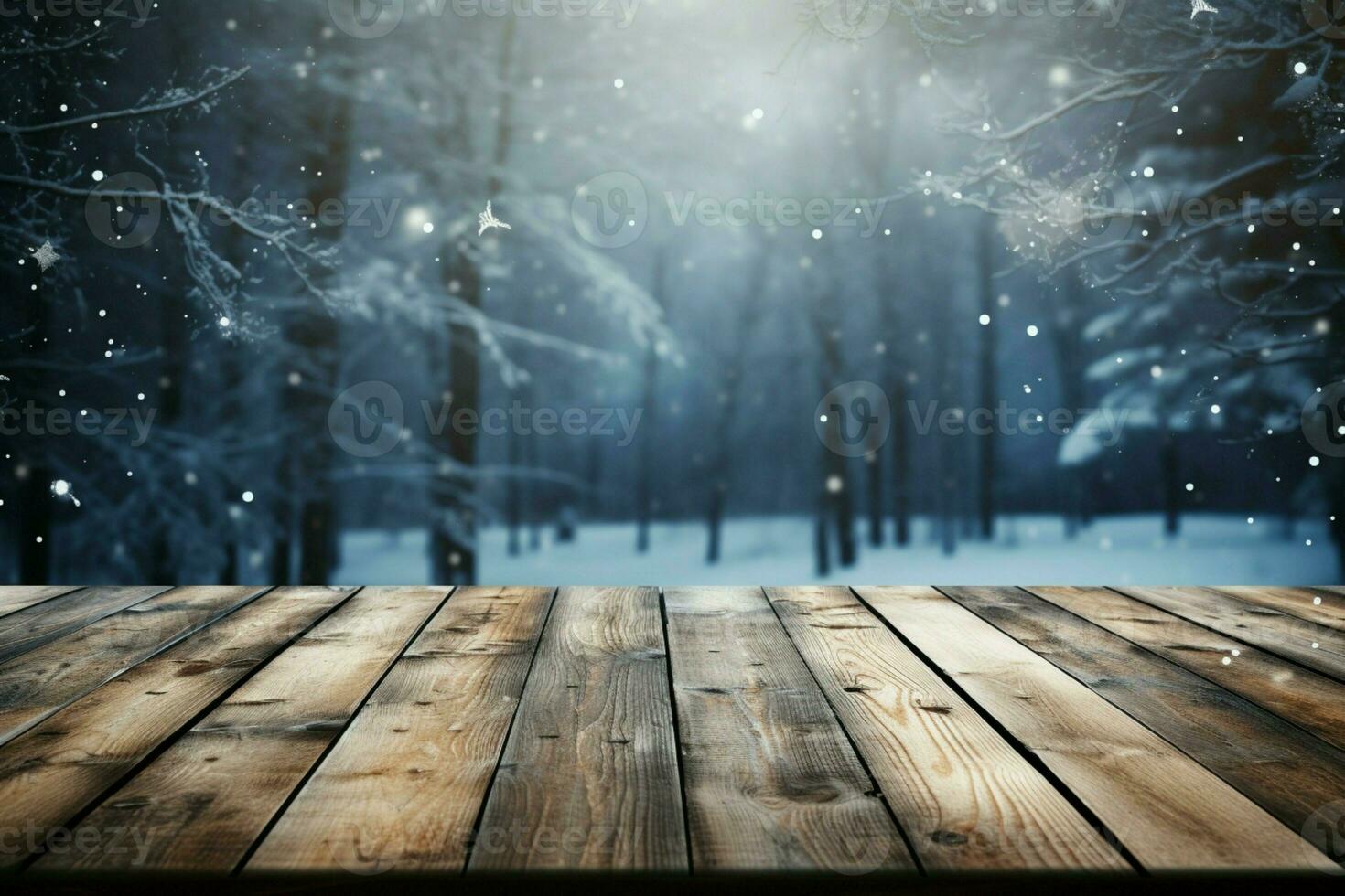 AI generated Empty Winter wood plank board Table With Snowfall AI Generated photo