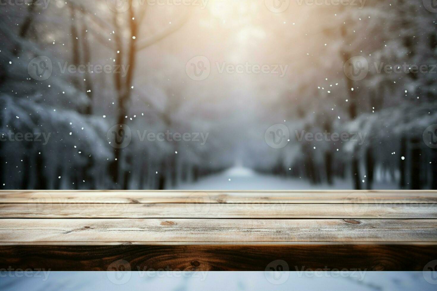 AI generated Empty Winter wood plank board Table With Snowfall AI Generated photo