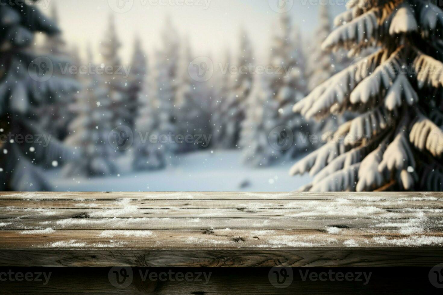 AI generated Empty Winter wood plank board Table With Snowfall AI Generated photo