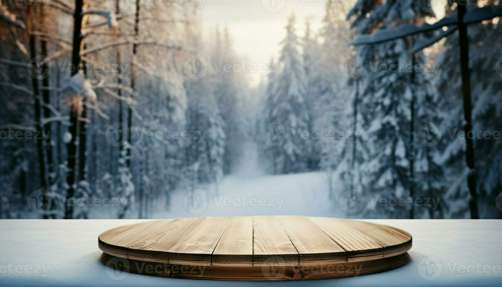 AI generated Empty Winter wood plank board Table With Snowfall AI Generated photo