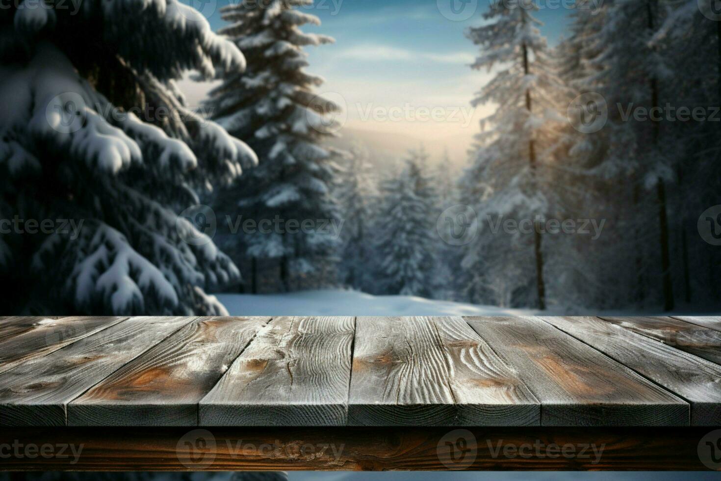 AI generated Empty Winter wood plank board Table With Snowfall AI Generated photo