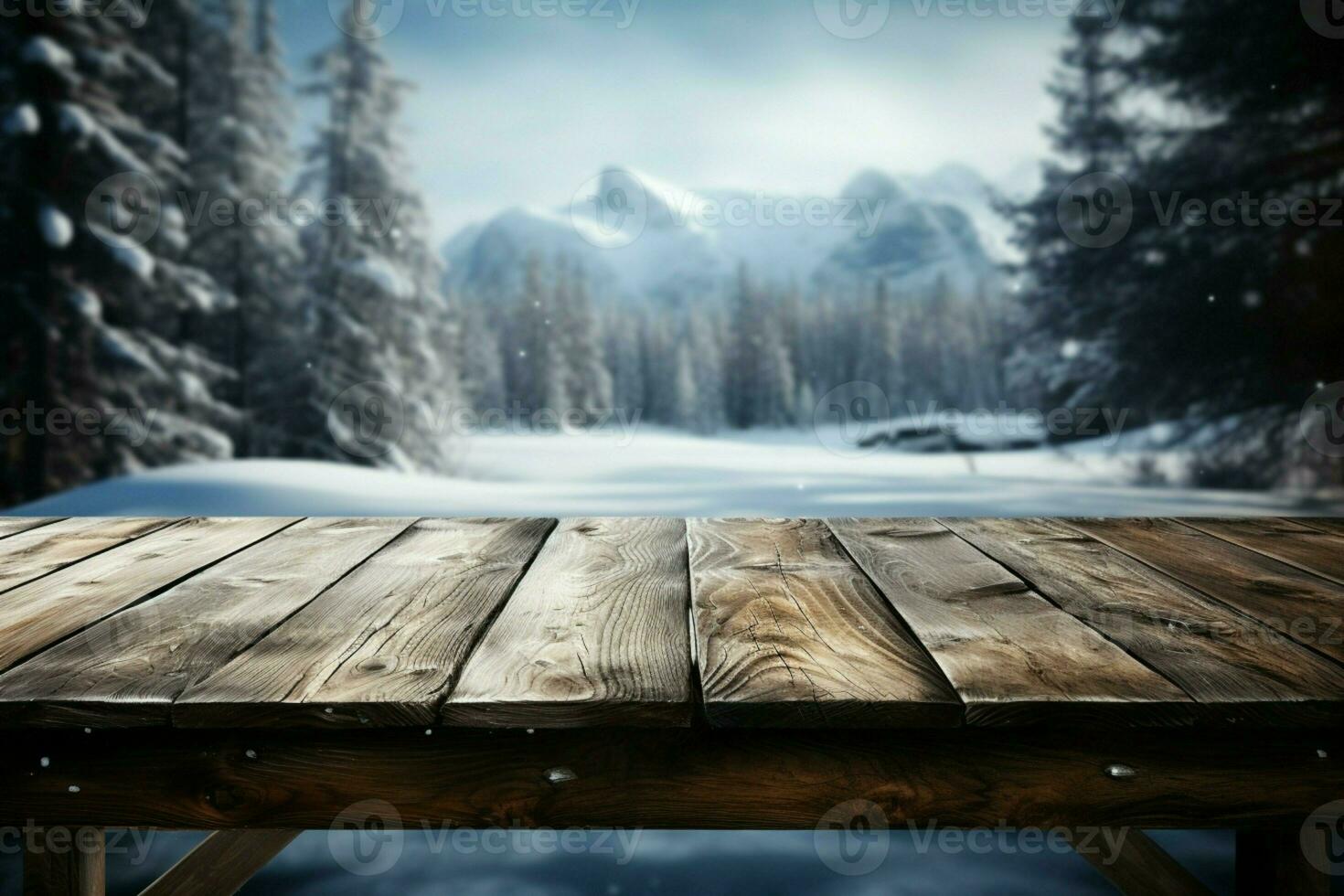 AI generated Empty Winter wood plank board Table With Snowfall AI Generated photo
