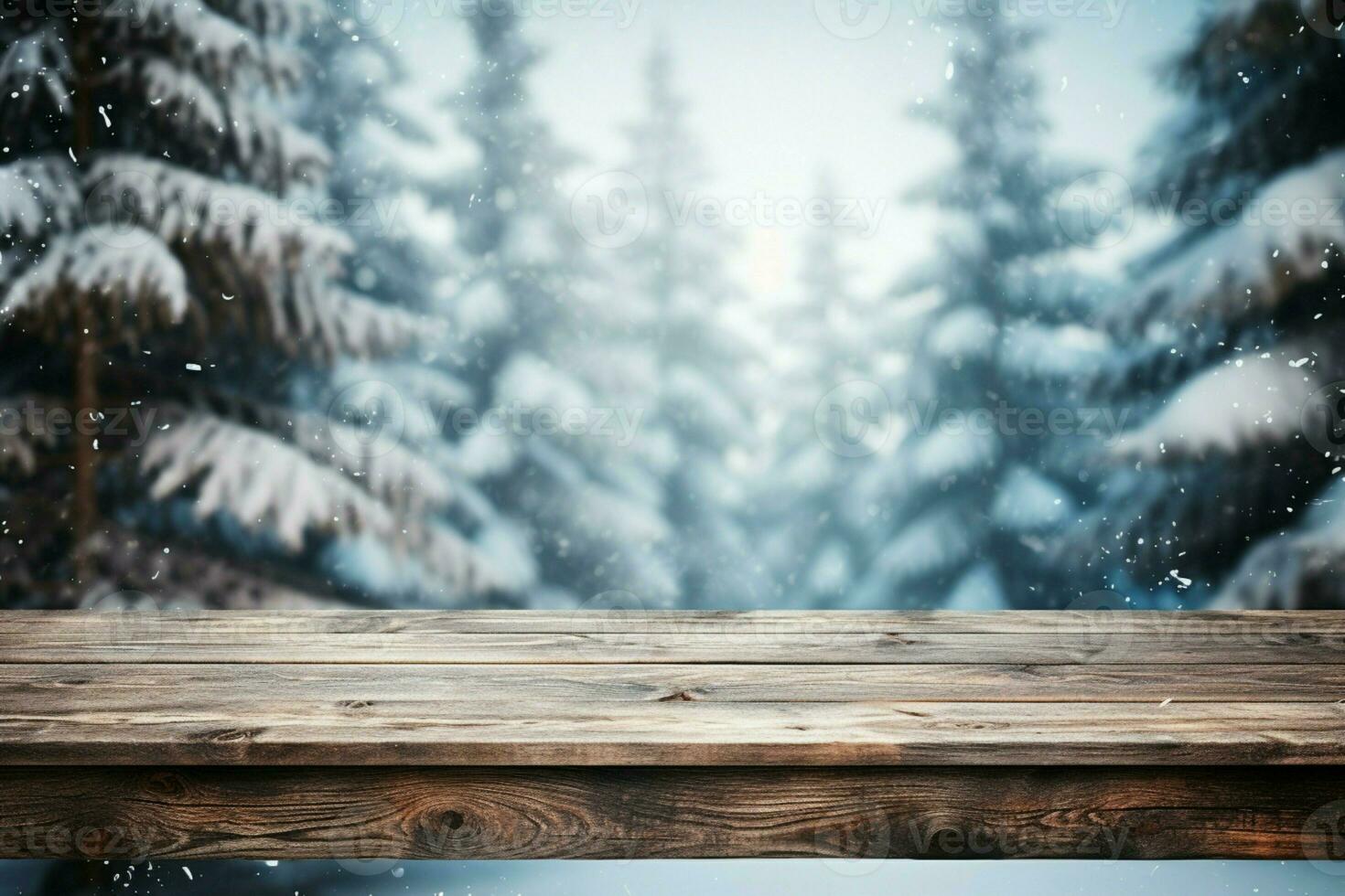 AI generated Empty Winter wood plank board Table With Snowfall AI Generated photo