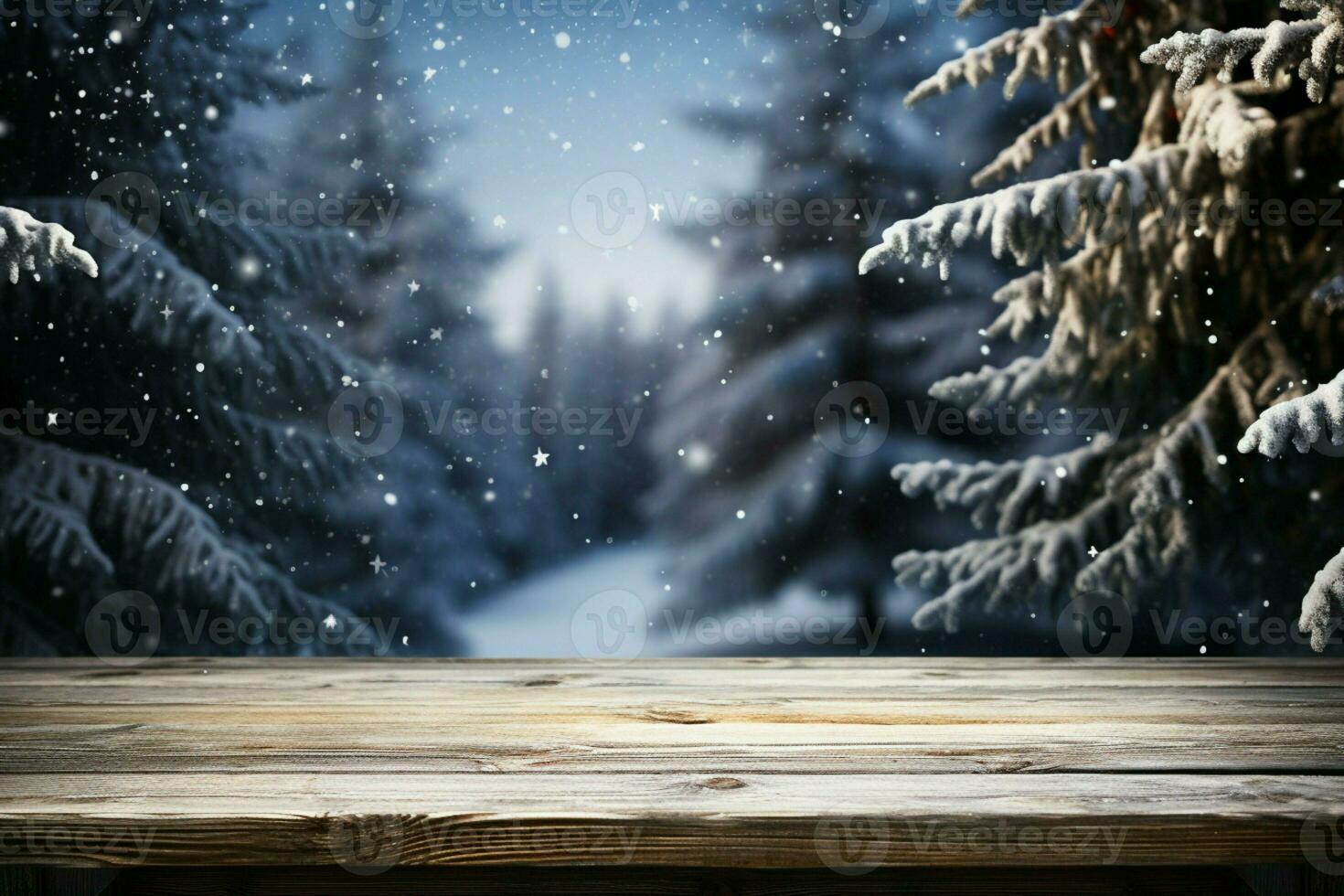 AI generated Empty Winter wood plank board Table With Snowfall AI Generated photo