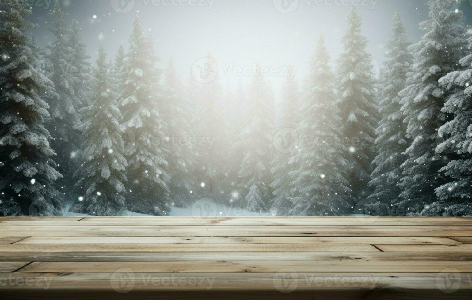 AI generated Empty Winter wood plank board Table With Snowfall AI Generated photo