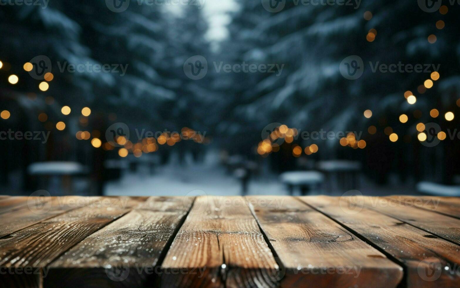 AI generated Empty Winter wood plank board Table With Snowfall AI Generated photo