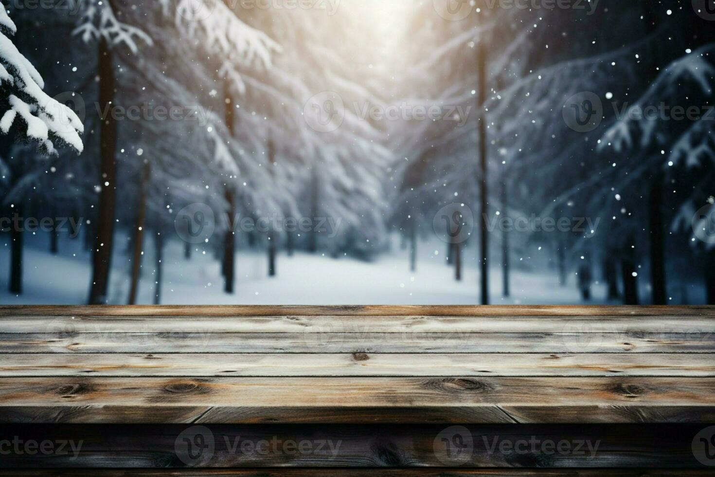 AI generated Empty Winter wood plank board Table With Snowfall AI Generated photo