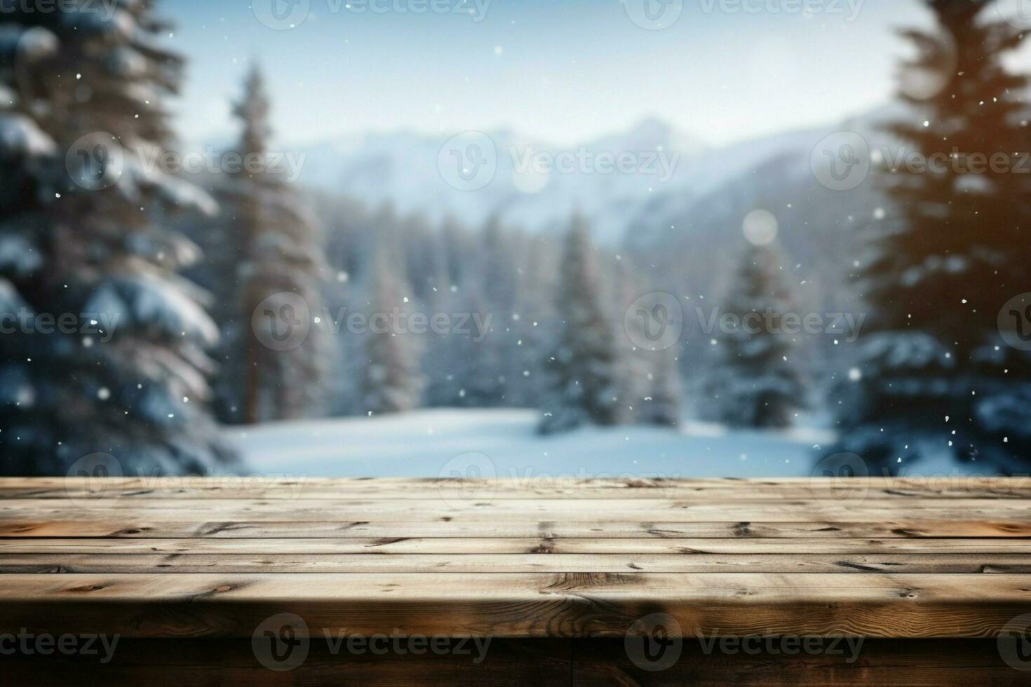 AI generated Empty Winter wood plank board Table With Snowfall AI Generated photo