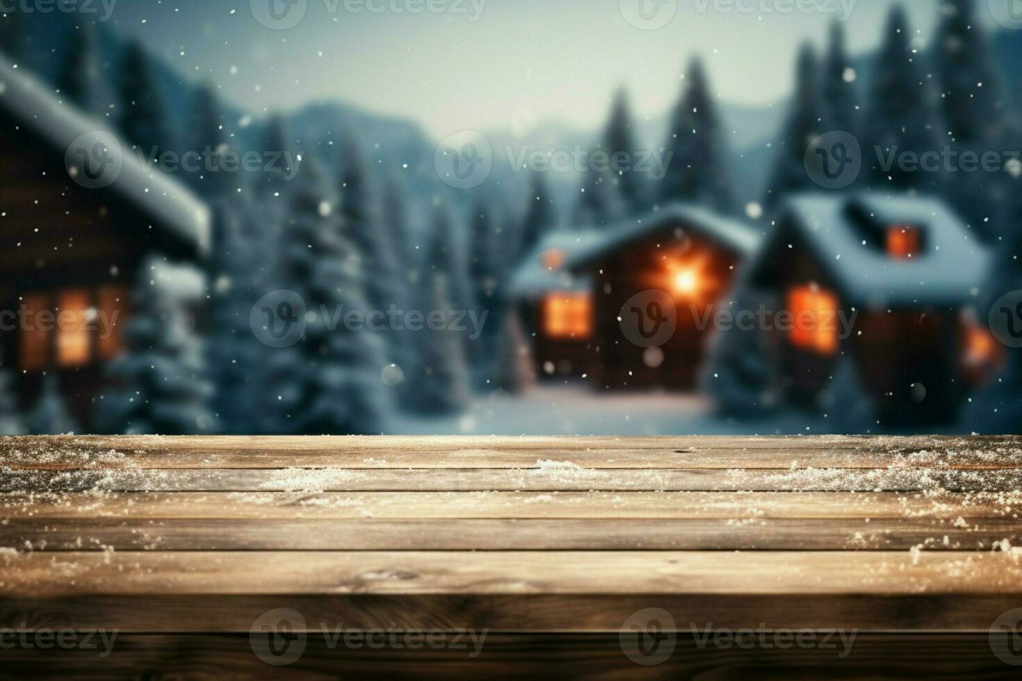 AI generated Empty Winter wood plank board Table With Snowfall AI Generated photo