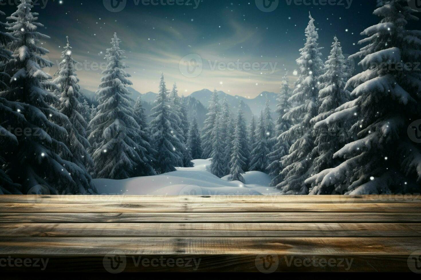 AI generated Empty Winter wood plank board Table With Snowfall AI Generated photo