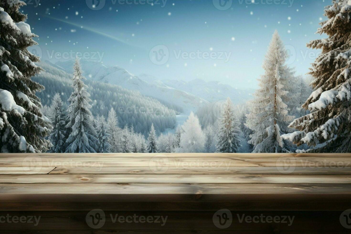 AI generated Empty Winter wood plank board Table With Snowfall AI Generated photo