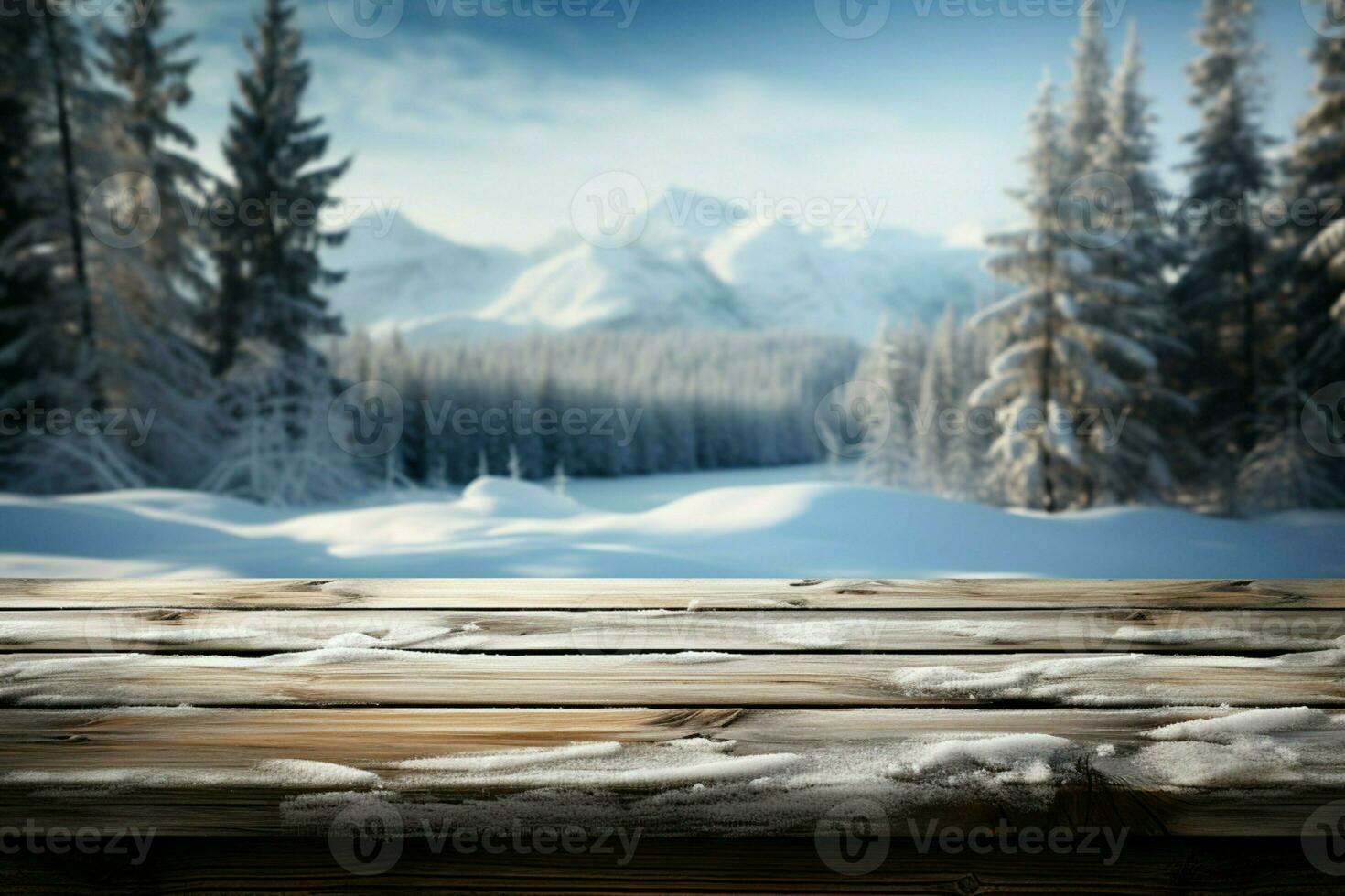 AI generated Empty Winter wood plank board Table With Snowfall AI Generated photo