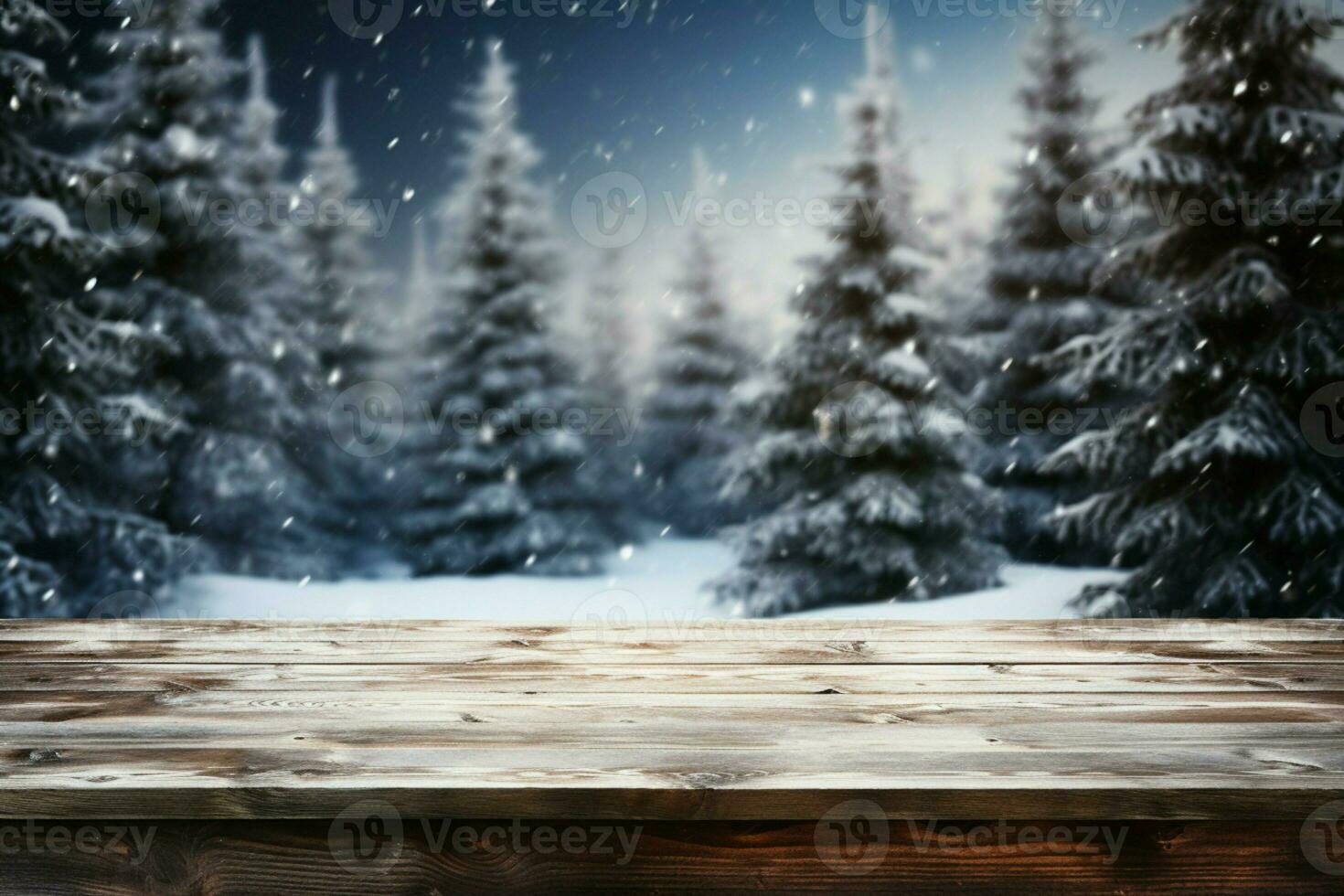 AI generated Empty Winter wood plank board Table With Snowfall AI Generated photo