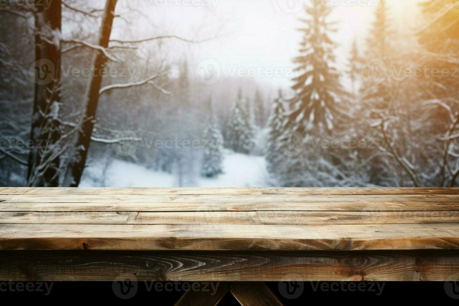 AI generated Empty Winter wood plank board Table With Snowfall AI Generated photo