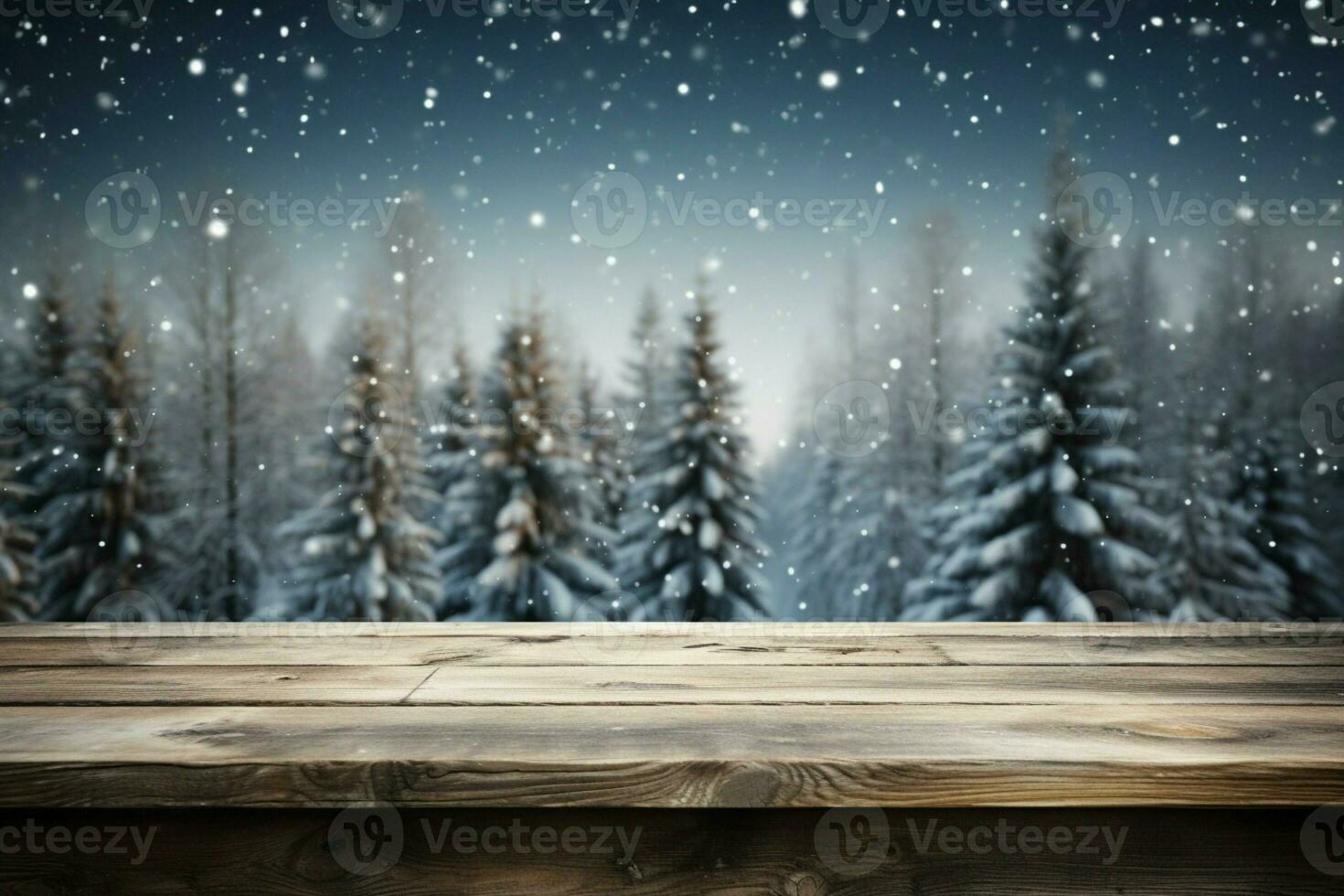 AI generated Empty Winter wood plank board Table With Snowfall AI Generated photo