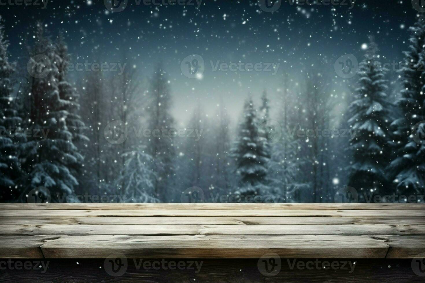 AI generated Empty Winter wood plank board Table With Snowfall AI Generated photo