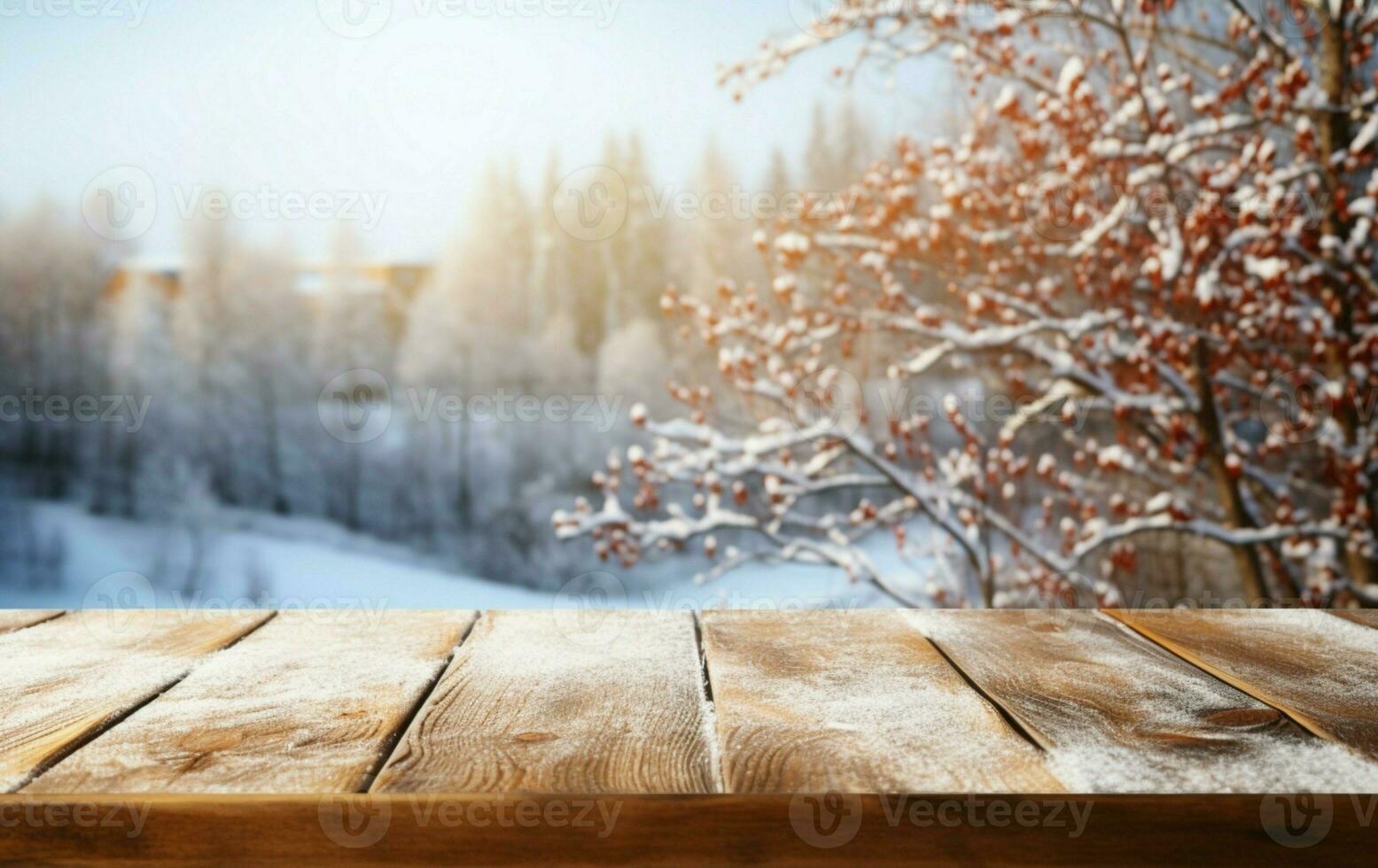 AI generated Empty Winter wood plank board Table With Snowfall AI Generated photo
