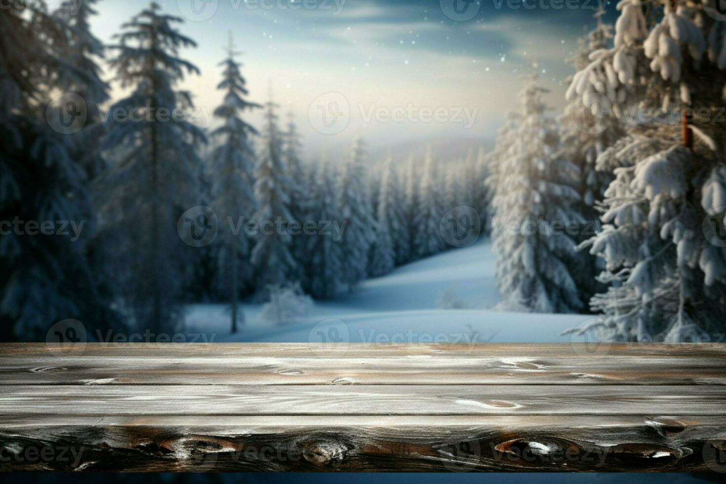 AI generated Empty Winter wood plank board Table With Snowfall AI Generated photo