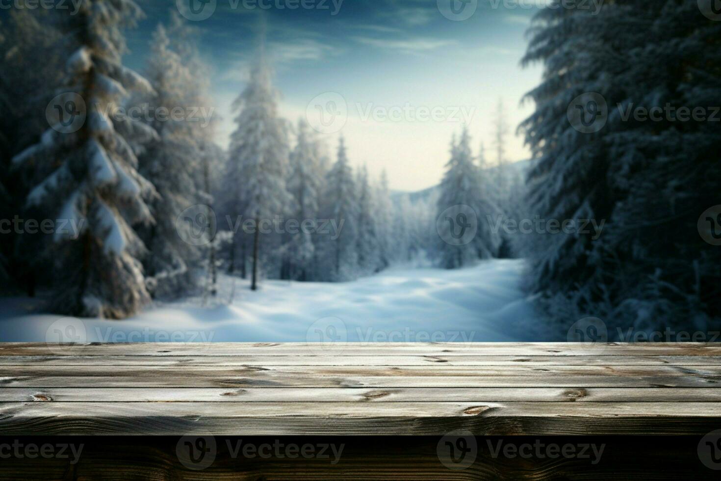 AI generated Empty Winter wood plank board Table With Snowfall AI Generated photo