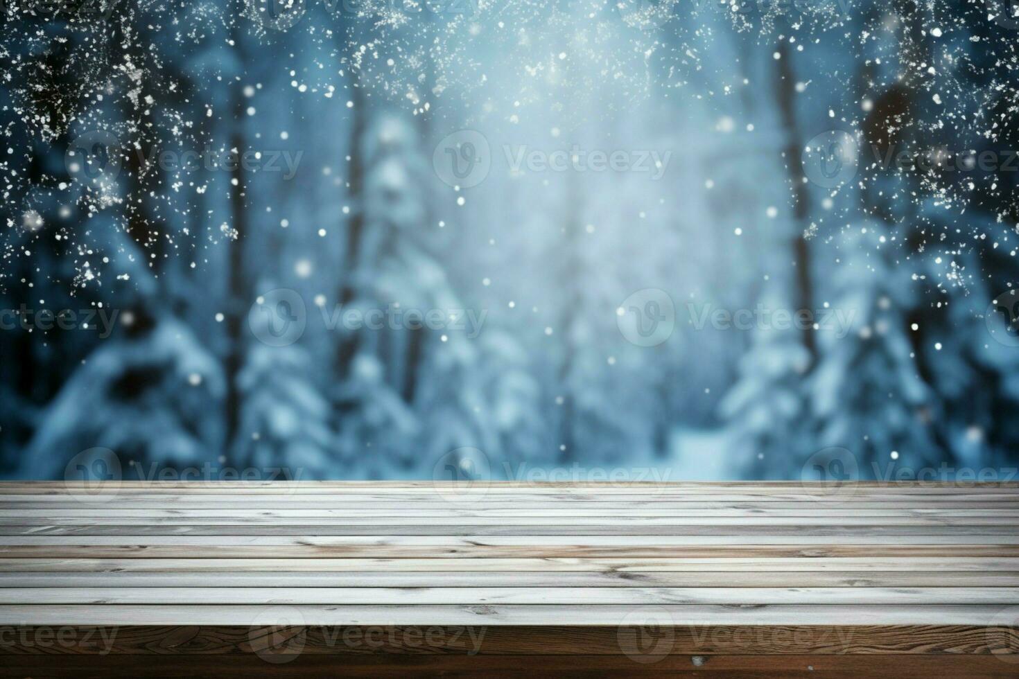 AI generated Empty Winter wood plank board Table With Snowfall AI Generated photo