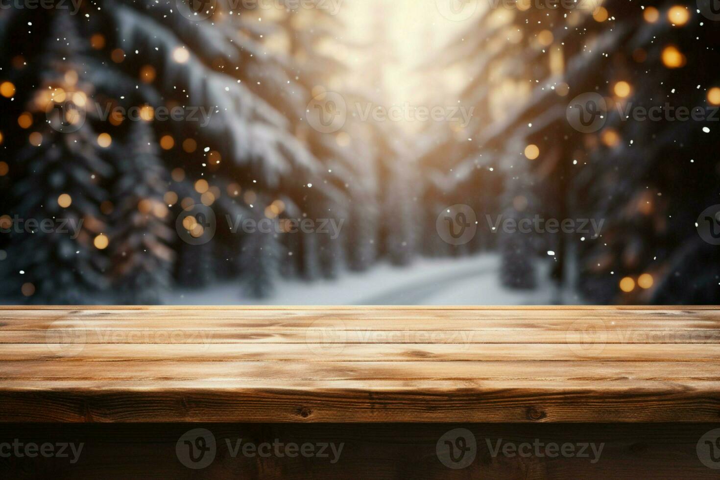 AI generated Empty Winter wood plank board Table With Snowfall AI Generated photo