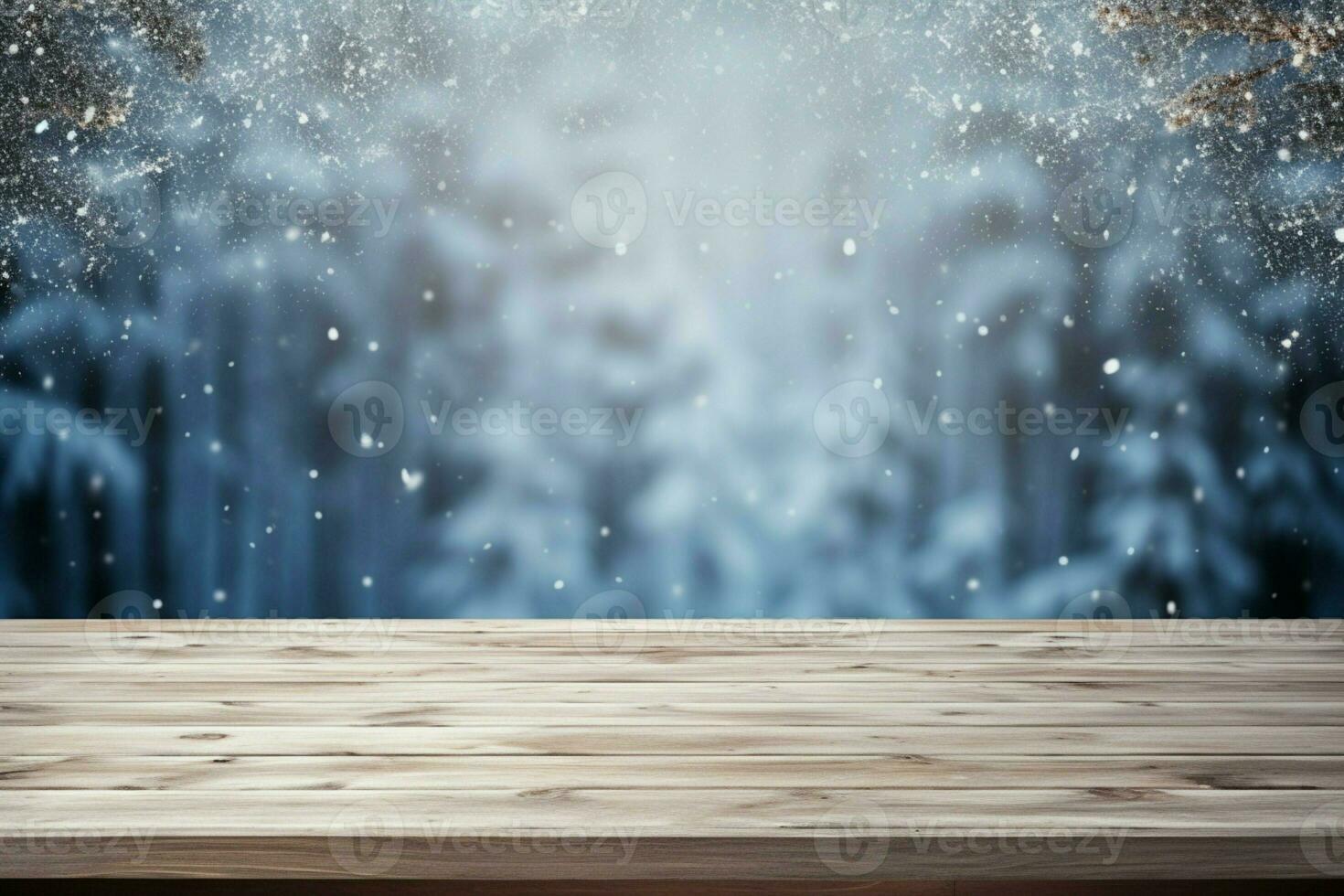 AI generated Empty Winter wood plank board Table With Snowfall AI Generated photo